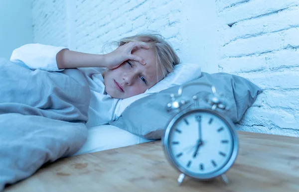 Sweet Sleepless Little Girl Lying Sad Bed Looking Alarm Clock — Stock Photo, Image