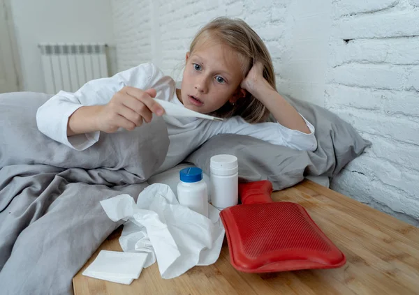 Sweet Sick Cute Girl Feeling Sick Lying Bed Medicines Thermometer — Stock Photo, Image