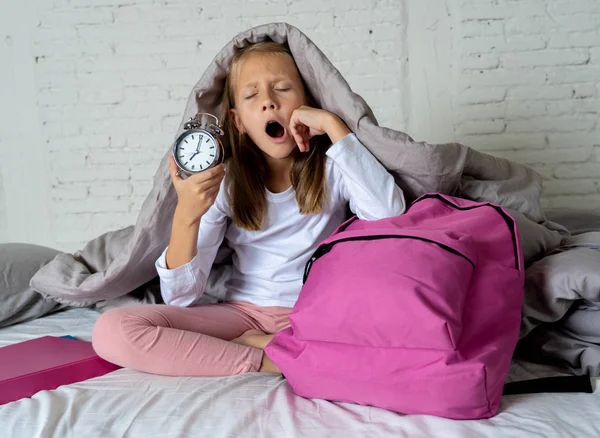 Beautiful Blonde Little Girl Sad Sleepless Angry Showing Alarm Clock — Stock Photo, Image