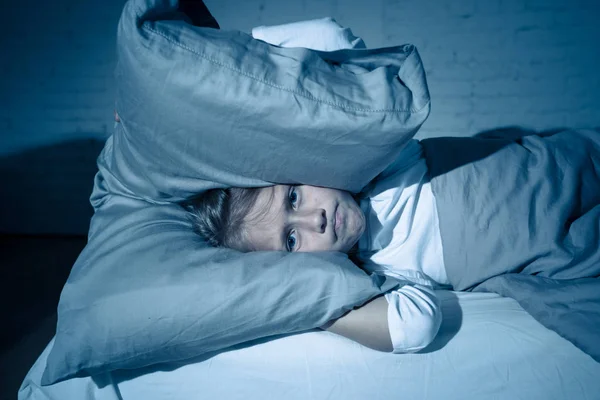 Unhappy Girl Covering Her Ears Pillow Trying Sleep Night Feeling — Stock Photo, Image