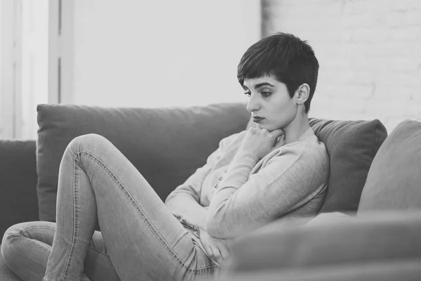 Black White Portrait Attractive Desperate Depressed Young Woman Sofa Feeling — Stock Photo, Image