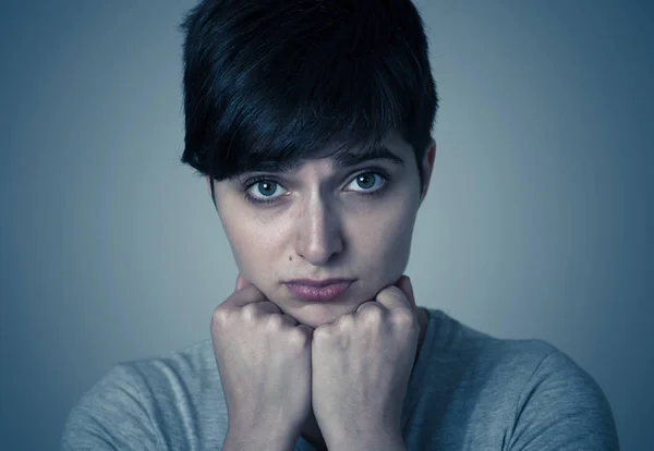 Close Portrait Beautiful Young Woman Sad Eyes Crying Looking Miserable — Stock Photo, Image