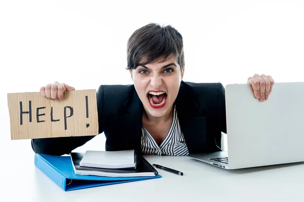 Tired Frustrated Young Attractive Business Woman Working Computer Holding Desperate — Stock Photo, Image