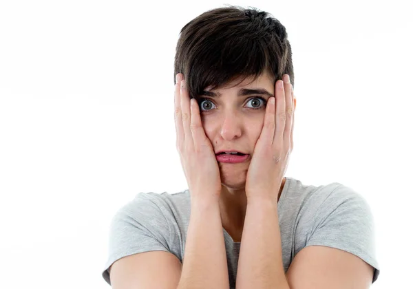 Close Portret Van Jonge Vrouw Bang Geschokt Verbergt Haar Gezicht — Stockfoto