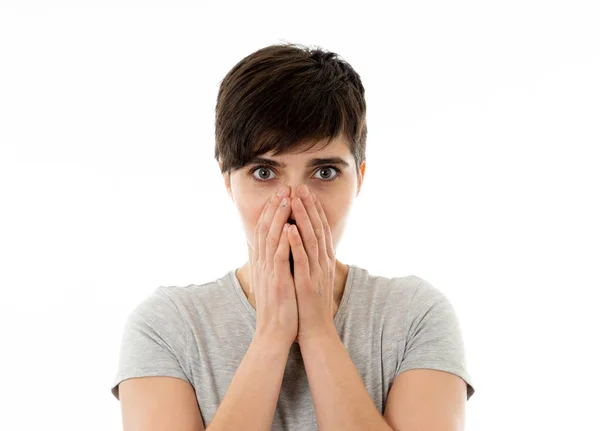 Close Portret Van Jonge Vrouw Gevoel Geschokt Schokte Met Angst — Stockfoto