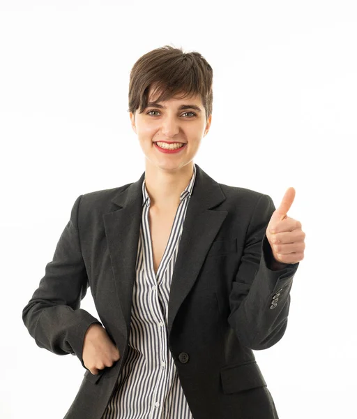 Media Longitud Retrato Una Hermosa Mujer Negocios Caucásica Sonriendo Haciendo — Foto de Stock