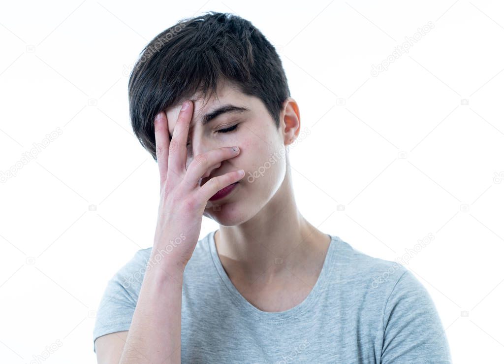 Close up portrait of beautiful young caucasian woman looking sad and stressed needing help. Isolated on white background in Human facial expressions, emotional pain and depression concept.