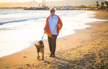 Güzel emekli yaşlı kadın ve plaj arkadaşlık faydaları hayvanların koruma aktif emeklilik yaşam tarzı ve köpek dostu Turizm kıyı deniz okyanus yürürken Alman shepard köpeği.