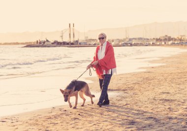 Güzel emekli yaşlı kadın ve plaj arkadaşlık faydaları hayvanların koruma aktif emeklilik yaşam tarzı ve köpek dostu Turizm kıyı deniz okyanus yürürken Alman shepard köpeği.