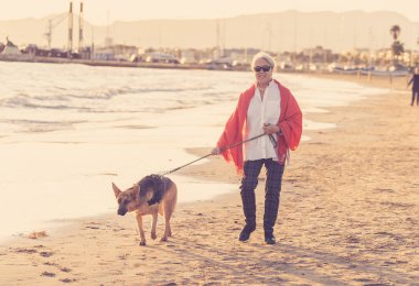 Güzel emekli yaşlı kadın ve plaj arkadaşlık faydaları hayvanların koruma aktif emeklilik yaşam tarzı ve köpek dostu Turizm kıyı deniz okyanus yürürken Alman shepard köpeği.