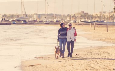 Mutlu kıdemli anne yetişkin kızı ve Alman shepard köpek vakit birlikte günbatımı ışık kumsalda mutlu aile anlarda evde beslenen hayvan hayvanlar yürürken köpek dostu Turizm ve emeklilik faydaları.