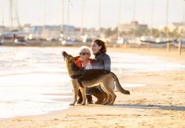 Mutlu kıdemli anne yetişkin kızı ve Alman shepard köpek vakit birlikte günbatımı ışık kumsalda mutlu aile anlarda evde beslenen hayvan hayvanlar yürürken köpek dostu Turizm ve emeklilik faydaları.