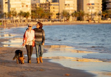 Mutlu kıdemli anne yetişkin kızı ve Alman shepard köpek vakit birlikte günbatımı ışık kumsalda mutlu aile anlarda evde beslenen hayvan hayvanlar yürürken köpek dostu Turizm ve emeklilik faydaları.