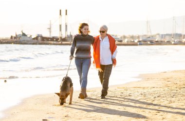 Mutlu kıdemli anne yetişkin kızı ve Alman shepard köpek vakit birlikte günbatımı ışık kumsalda mutlu aile anlarda evde beslenen hayvan hayvanlar yürürken köpek dostu Turizm ve emeklilik faydaları.