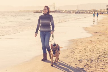 Güzel yetişkin kadın ve evde beslenen hayvan Alman shepard köpek arkadaşlık faydaları hayvanların köpeklerin yaşam tarzı ve köpek dostu Turizm Eğitim öğleden sonra batımında sahilde kıyı deniz okyanus yürüyen.