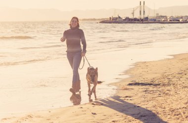 Güzel yetişkin kadın ve evde beslenen hayvan Alman shepard köpek arkadaşlık faydaları hayvanların köpeklerin yaşam tarzı ve köpek dostu Turizm Eğitim öğleden sonra batımında sahilde kıyı deniz okyanus yürüyen.