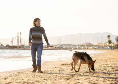 Güzel yetişkin kadın ve evde beslenen hayvan Alman shepard köpek arkadaşlık faydaları hayvanların köpeklerin yaşam tarzı ve köpek dostu Turizm Eğitim öğleden sonra batımında sahilde kıyı deniz okyanus yürüyen.