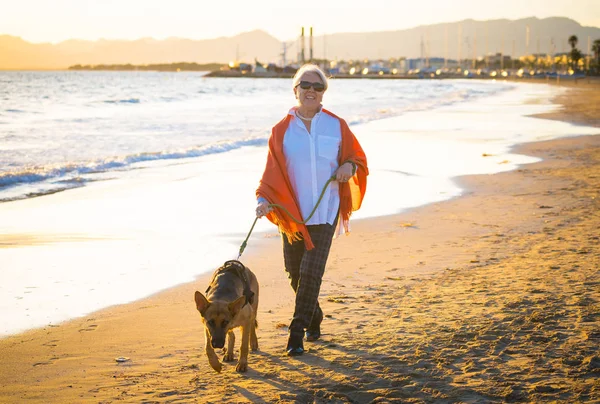 Beautiful Retired Older Woman Pet German Shepard Dog Walking Shore — Stock Photo, Image