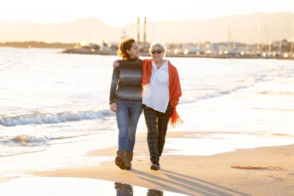 Portrait Happy Senior Mother Adult Daughter Spending Time Together Holding — Stock Photo, Image