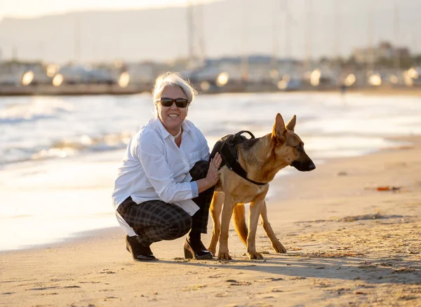 Beautiful Widow Older Woman Playing Her German Shepard Dog Enjoying — Stock Photo, Image