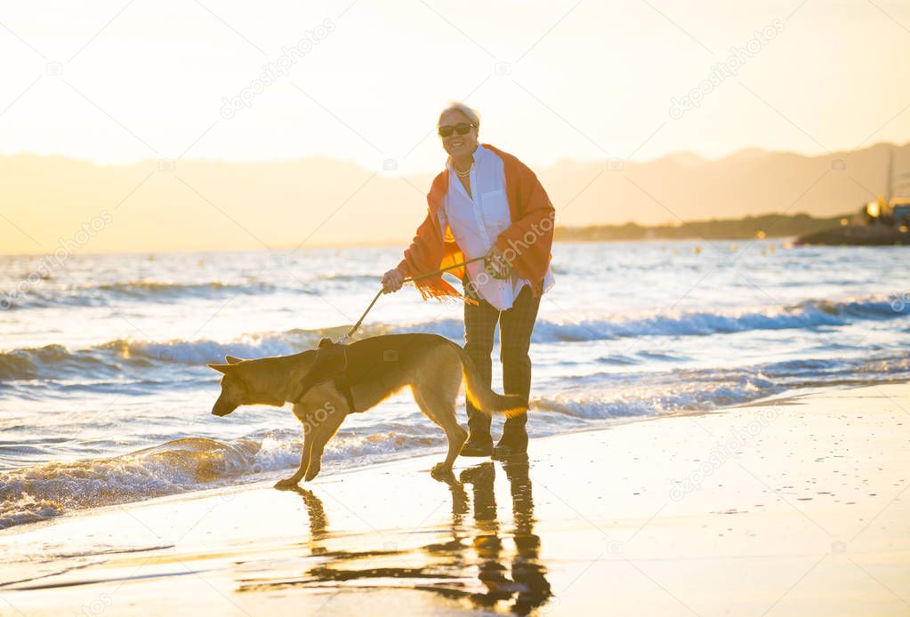 Beautiful retired older woman and pet german shepard dog walking along the shore sea ocean on beach in Companionship Benefits of animals Keeping active Retirement lifestyle and Dog friendly tourism.