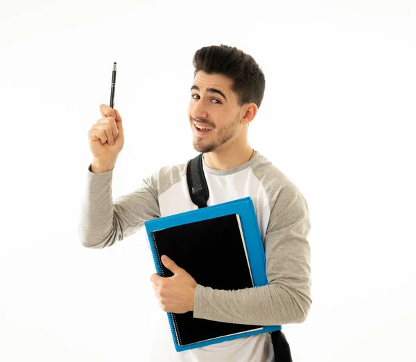 Retrato Jovem Feliz Pensamento Pensativo Estudante Maneiras Criativas Sucesso Criando — Fotografia de Stock