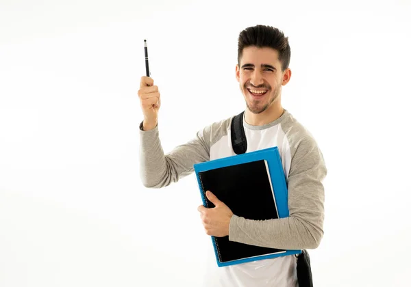 Retrato Bonito Estudante Universitário Homem Com Mochila Pasta Notepad Sorrindo — Fotografia de Stock