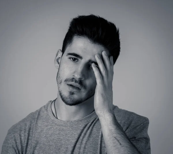 Close Portrait Handsome Desperate Young Man Suffering Depression Looking Miserable — Stock Photo, Image