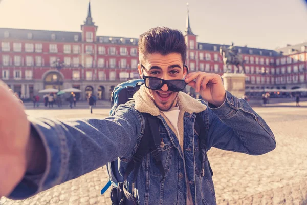 Attractive Young Tourist Student Man Having Fun Happy Excited Taking — Fotografia de Stock