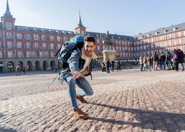 Happy Young Man Traveling Europe Having Fun Pretending Surf Plaza — Stock Photo, Image