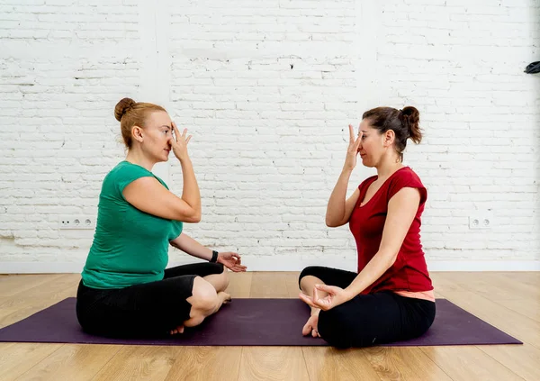 Amigos Yogui Mujeres Practicando Yoga Juntas Sentadas Pose Sukhasana Fosa — Foto de Stock