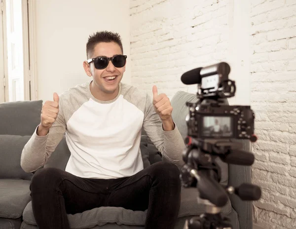 Happy Trendy Caucasian Male His Twenties Filming Video Blog Camera — Stock Photo, Image