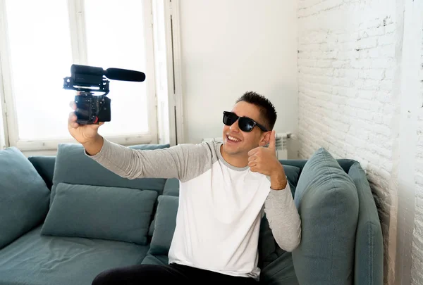 Life Style Portrait Young Happy Male Blogger Camera Screen Filming — Stock Photo, Image