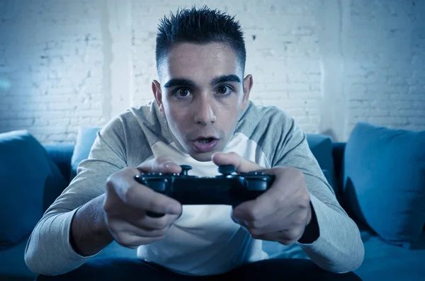 Portrait Young Student Man Playing Video Games Night Using Wireless — Stock Photo, Image