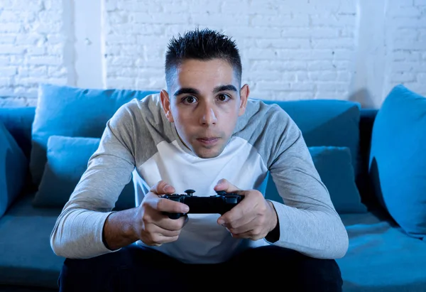 Portrait Young Student Man Playing Video Games Night Using Wireless — Stok Foto