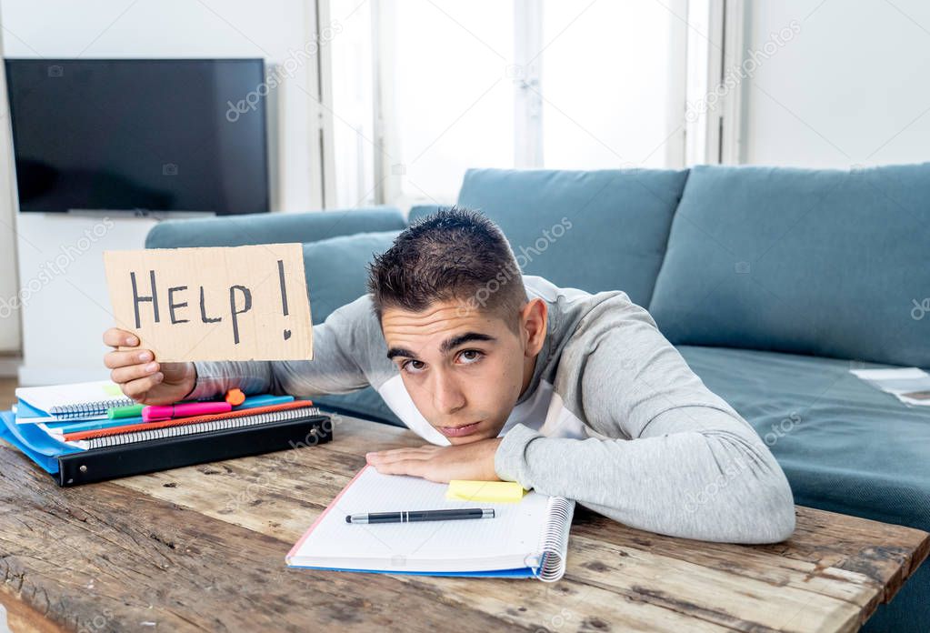 Young tired and stressed student working on his homework, masters feeling desperate and frustrated asking for help. In over Education, learning difficulties, finals exams and emotional stress concept.