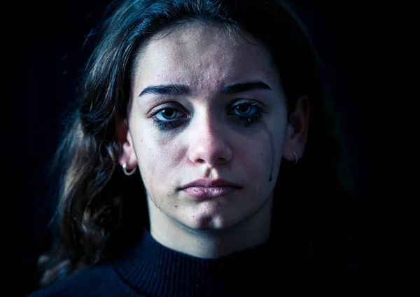 Closeup Bullied Depressed Alone Tired Stressed Young Child Girl Crying — Stock Photo, Image