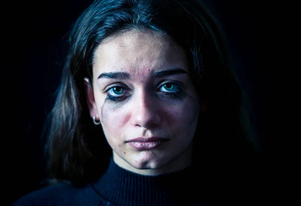 Scared Upset Girl Bullied Online Suffering Harassment Crying Feeling Desperate — Stock Photo, Image