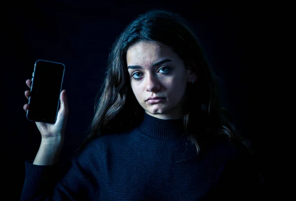 Scared Upset Girl Bullied Online Suffering Harassment Crying Feeling Desperate — Stock Photo, Image