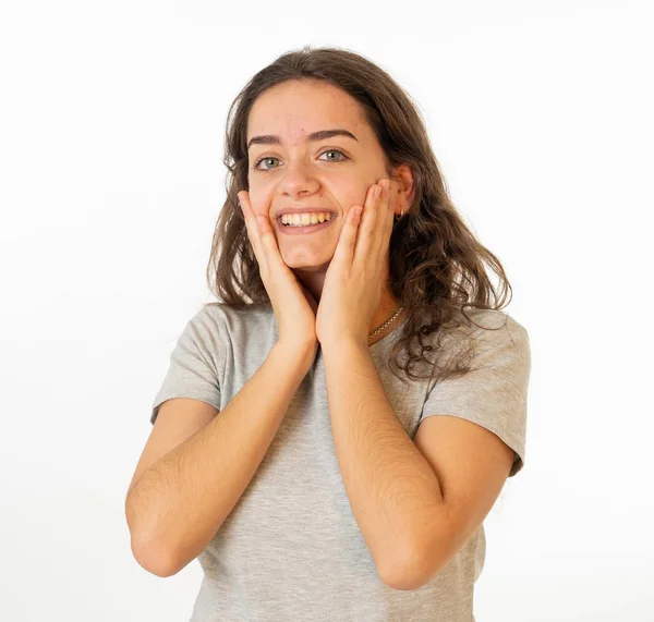 Primer Plano Retrato Chica Caucásica Bastante Joven Con Cara Feliz —  Fotos de Stock