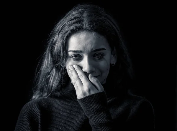 Dramatic Closeup Portrait Young Scared Depressed Girl Crying Alone Feeling — Stock Photo, Image