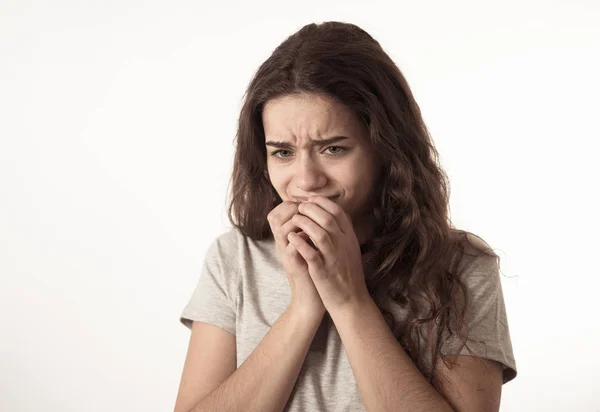 Close Portrait Scared Shocked Young Teenager Female Looking Surprised Fear — Stock Photo, Image