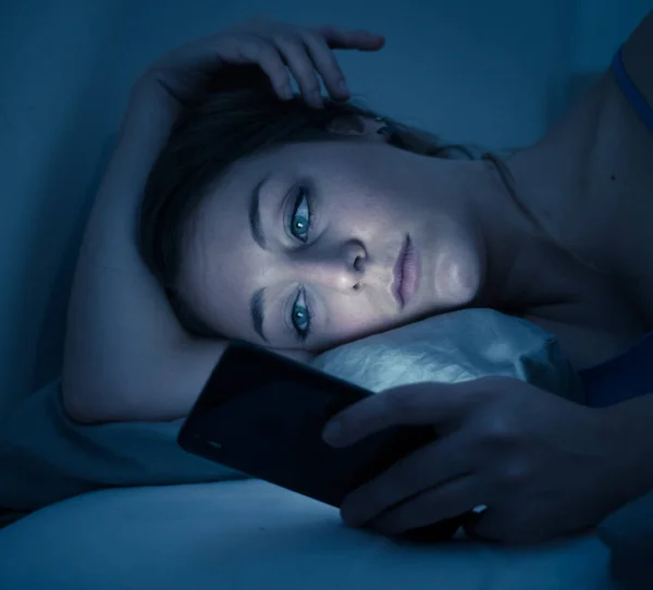 Addicted Young Beautiful Woman Bed Chatting Surfing Internet Using Her — Stock Photo, Image