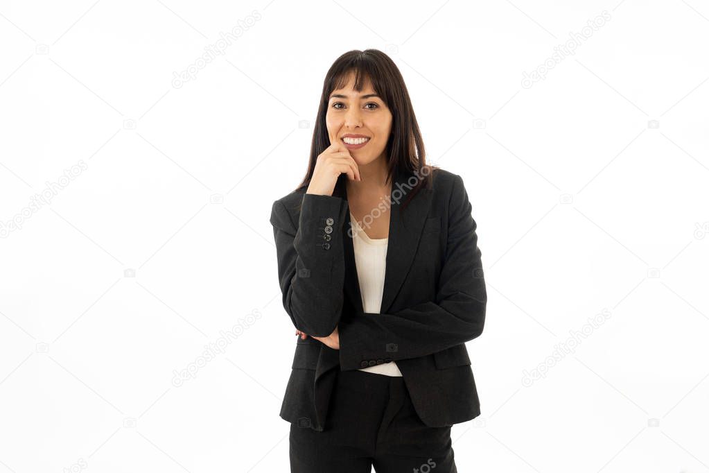 Half length portrait of young beautiful business woman isolated on white background. Smiling feeling confident and successful. In people business education, success and work environment concept.