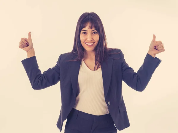 Retrato Una Joven Mujer Negocios Bastante Feliz Mostrando Los Pulgares —  Fotos de Stock