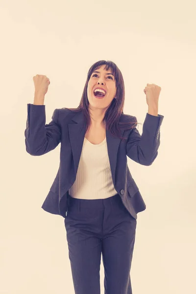 Retrato Metade Comprimento Jovem Mulher Negócios Celebrando Sucesso Com Braços — Fotografia de Stock