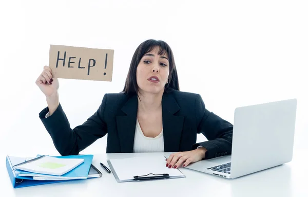 Junge Schöne Geschäftsfrau Unter Stress Bei Der Arbeit Schreibtisch Mit — Stockfoto