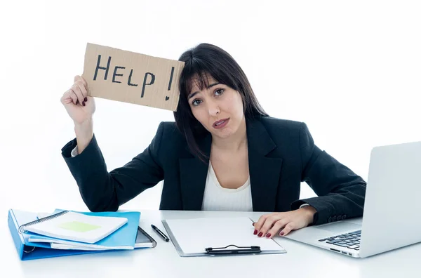 Young Beautiful Business Woman Suffering Stress Working Desk Holding Help — Stock Photo, Image