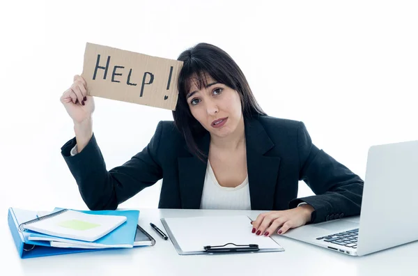 Ung Vacker Affärskvinna Lider Stress Vid Skrivbord Med Hjälp Skylt — Stockfoto