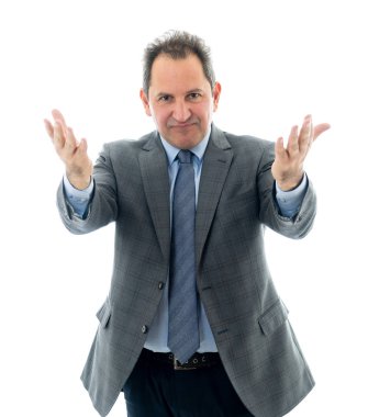 Orta yaşlı iş stratejisti hoparlör fikirleri tartışmak toplantı önde gelen stüdyo çekim.